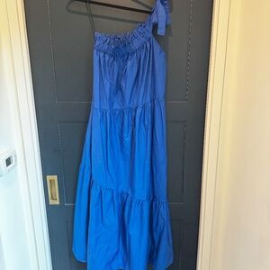 XIRENA Maisie Maxi Dress One Shoulder Cotton Poplin Blue Pockets Women's Small